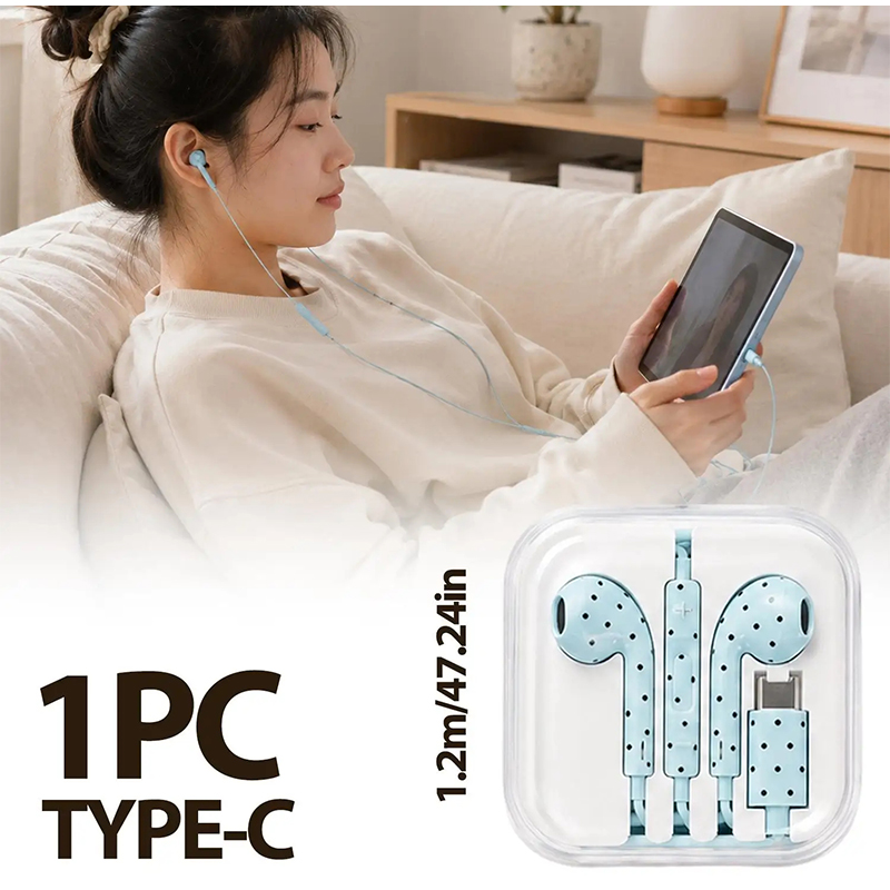 Wired Earphone Mic - หูฟังอินเอียร์ลายจุดดาว แบบมีสาย Type-C พร้อมไมโครโฟน สำหรับเล่นเกม ฟังเพลง